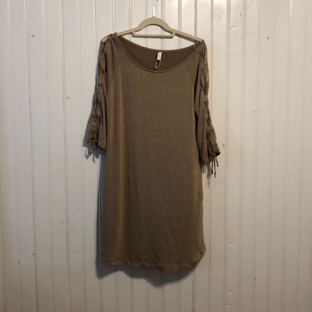 Wishlist Tan Dress w/ Lace up Sleeve Detail